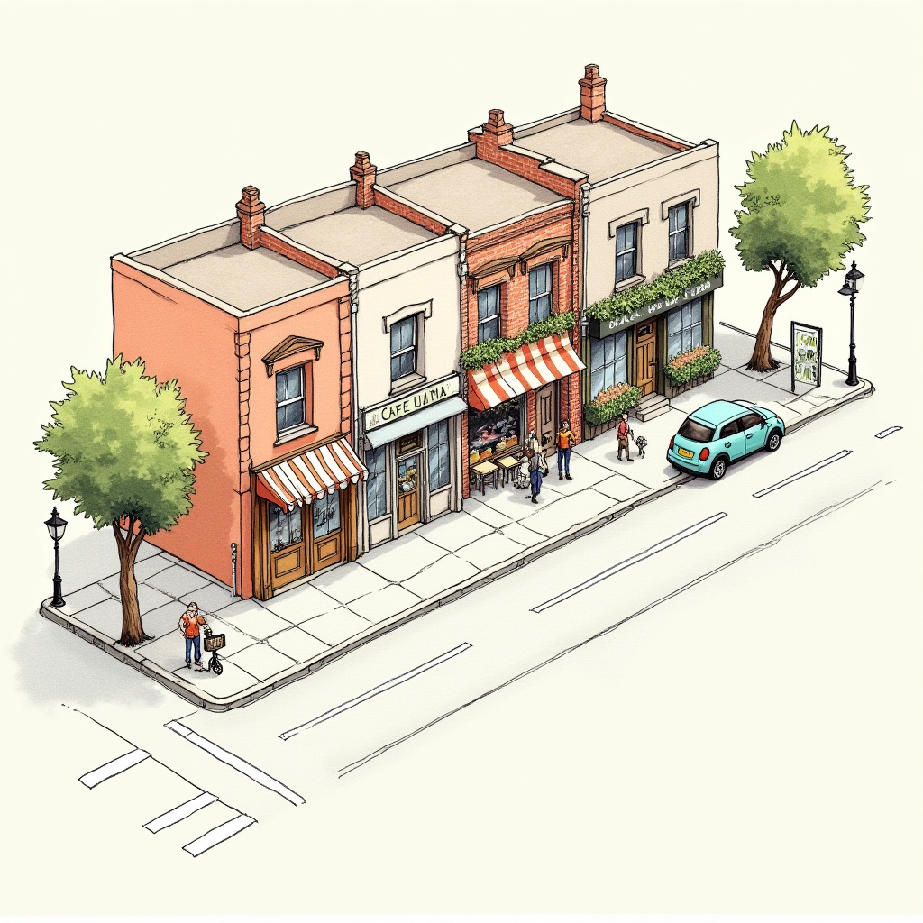 A hand-drawn isometric street diagram in cover