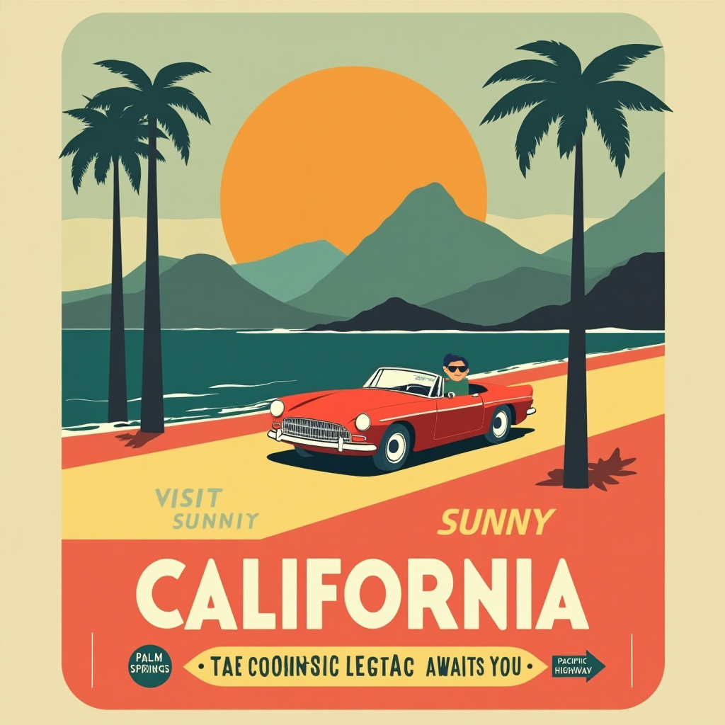 A 1950s mid-century-modern travel poster, vertical cover